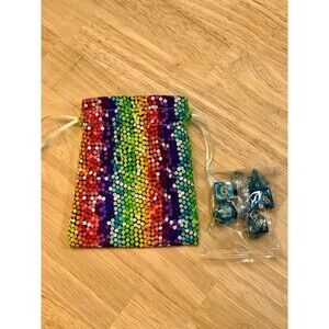 Dice Bag + Matching Dice Set – Handmade Gift for TTRPG Players - Rainbow Dots